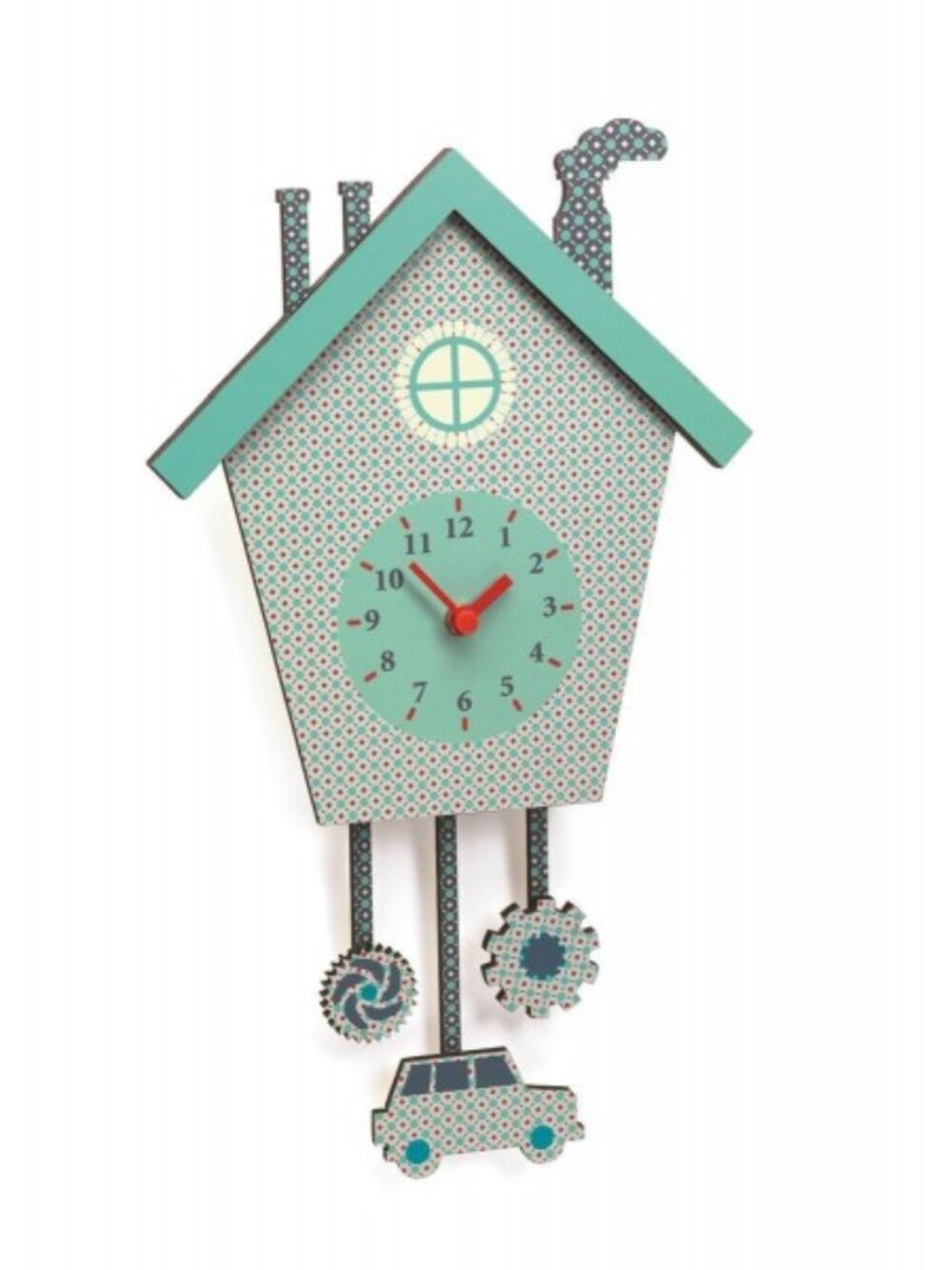 Djeco Wooden Wall Clock Silent Kids Room Decor with Car & Gear Pendulum New
